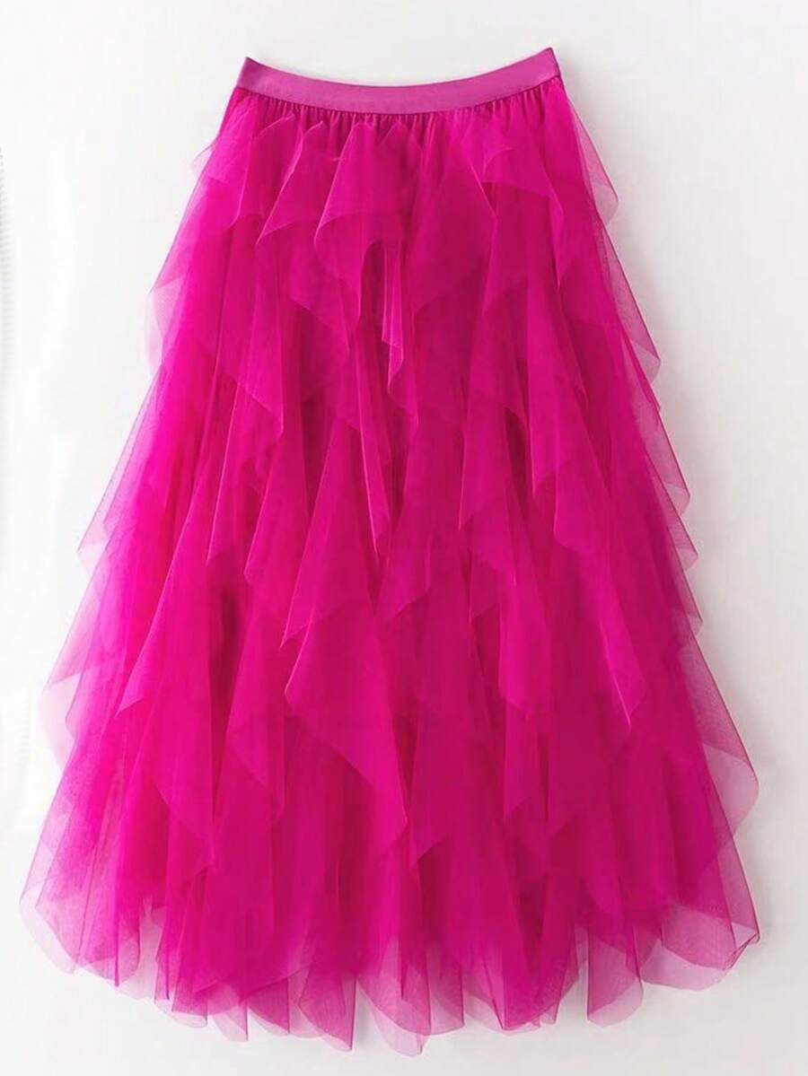 1 件女式不对称波浪层蛋糕裙，网眼蓬松裙 - 玫紅色 - 查看 1