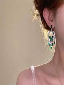 Exaggerated Green Butterfly Crystal Tasseled Earrings, Elegant Luxury Party Formal Dress Accessory