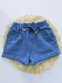 Kit 2 Elastic Jean Shorts For Women And Children Summer Lycra - 中等水洗藍 - 查看 2