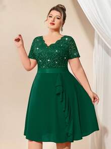 Plus Elegant V-Neck Sequin Lace Contrast Chiffon Ruffle Trim Cocktail Party Swing Dress - Dark Green - View 4