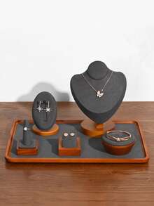 Oirlv Solid Wood Jewelry Tray Bracelet Ring Display Props Sets Jewelry Organizer Holder Necklace Display Stand Jewelry Plate-Beige - Beige - View 5