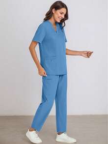Conjunto de uniforme de uniforme de manga curta e calça de cor sólida - Azul - Ver 3