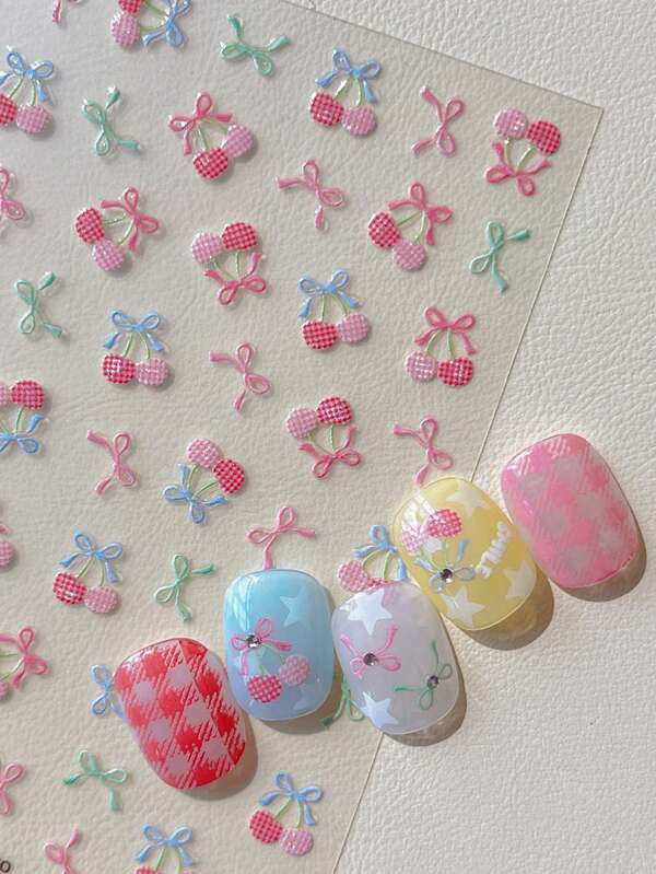 Cherry Nail Stickers, Bow Print Nail Stickers, Sweet Girl Style, Cute Bow Nail Stickers, Nail Art Decals, Self-Adhesive Stickers, Nail Decor Stickers, DIY Nail Art Decor For Ladies, Suitable For Parties, Daily Use, Photo Shoots, Festival Decoration, Birthday Gift For Friends, Holiday Gift, Ideal For Valentine's Day, Beautiful Nail Stickers Designed For Girls, The Best Gift Choice For Girls