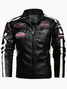 Men's PU Leather Jacket, Contrast Color Design With Thermal Lining, Motorcycle Racing Style Outerwear, Fashionable For Autumn/Winter - Black - View 3