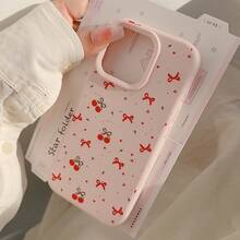 GUCADI 1pc Pink Girl & Red Bowknot Cherry Design Phone Case Compatible With Apple - Pink - View 7