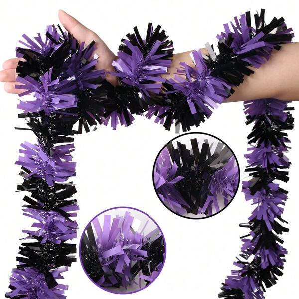2pcs 6.6ft Halloween Orange Purple Black Tinsel Garland, Haunted House Yard Home Decor, Faux Madder DIY Hanging Ornament
