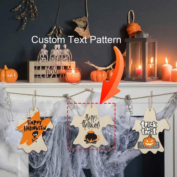 1/3/5/10/20/30/40/50pcs Customizable Wooden Ghost Ornaments For Halloween, Personalize With Your Own Text Or Graphic Design, Suitable For Home Decor, Dorm, Party, Haunted House Decorations