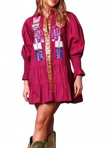 Awevudst Womens Christmas Button Down Shirts Dresses With Sequin Nutcracker Cartoon Character Button Up Tunics Long Sleeve Turn Down Collar Puff Sleeve Ruffle Hem Short Mini Dress - 紫紅色 - 查看 2