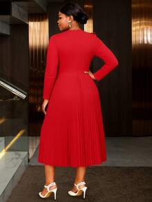 Plus Size Women Clothes Elegant Midi Party Or Work/Office Red Dresses For Women Long Sleeves Ruffled A Line Pleated Semi Formal Wedding Guest Dress New Year Dress - 紅色 - 查看 2