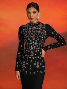 Love Aing 女式黑色长袖正式晚礼服，带水钻装饰，奢华宴会，优雅商务礼服 - 黑色 - 查看 10