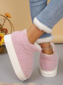 加大码冬季新款粉色羊毛全覆盖高帮女式厚底家居拖鞋，室内毛绒保暖轻便防滑静音一脚蹬仿皮毛穆勒鞋 - 粉色 - 查看 6