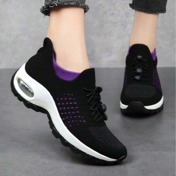 Women's Black & White Slip-On Athletic Casual Air Cushion Shock Absorbing Sneakers, Suitable For Running, Workout, Casual Wear, Dancing, Nursing And Increasing Height