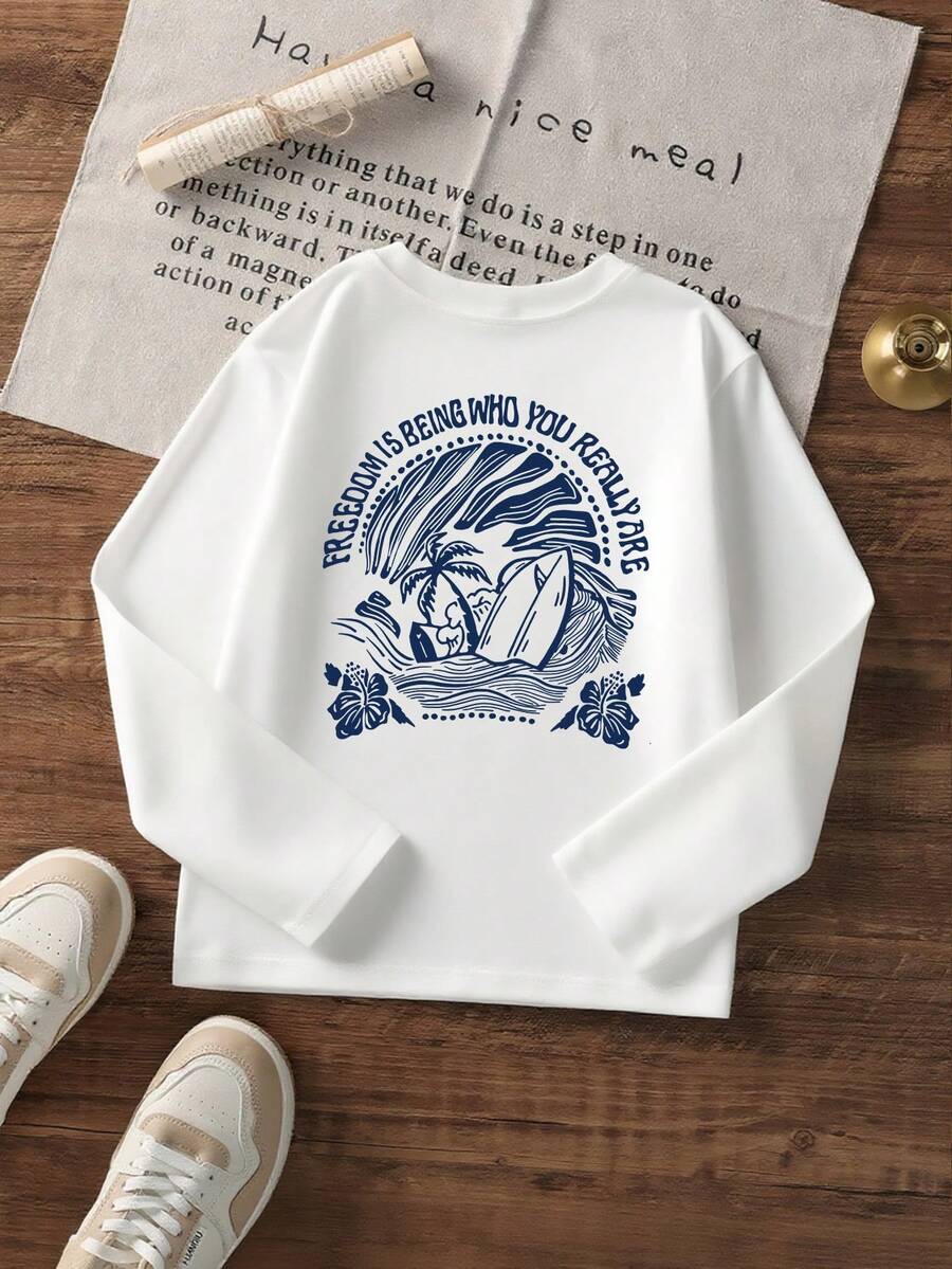 女孩和青少年学生休闲印花白色圆领长袖 T 恤，春秋季 - 白色 - 查看 1