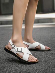 Italian Style Men's Handmade Fashion Vacation Leather Sandals, Suitable For Indoor And Outdoor, Beach Slippers - White - View 7