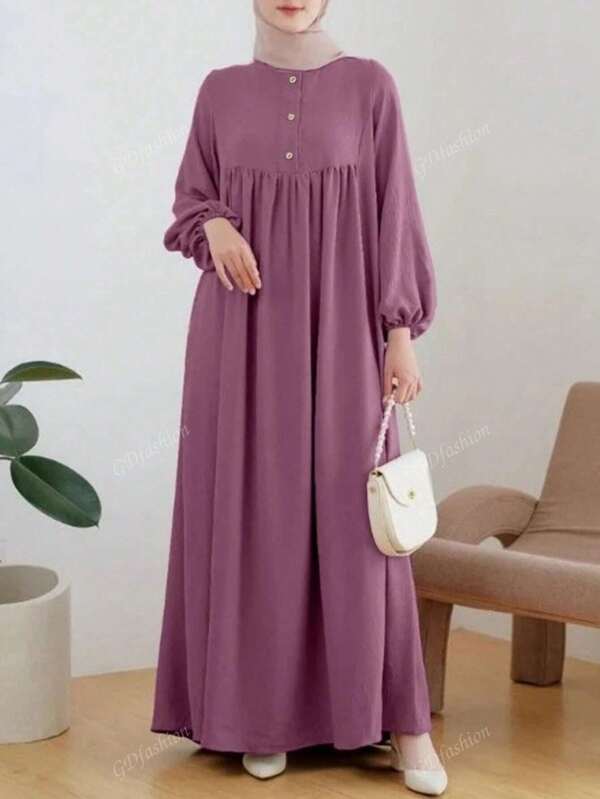 Abito casual a maniche lunghe e ample da donna, modesto, con scollo tondo, in stile fashion
