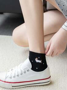 3 Pairs Women Black, White & Gray Combination Ankle Socks, Cute Dachshund Embroidery, Ribbed Design, Breathable Knit Fabric, Minimalist & Cute Style, Suitable For Home, Commute, Dating, Holiday Gift