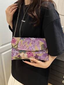 亮片刺绣花卉信封包，女士时尚亮片拼布手拿包，派对晚宴包，随机剪裁，适合女性，适合派对、婚礼、舞会，非常适合派对、婚礼、舞会晚宴/宴会，搭配节日派对礼服、晚礼服和亮片礼服。 - 紫色 - 查看 3