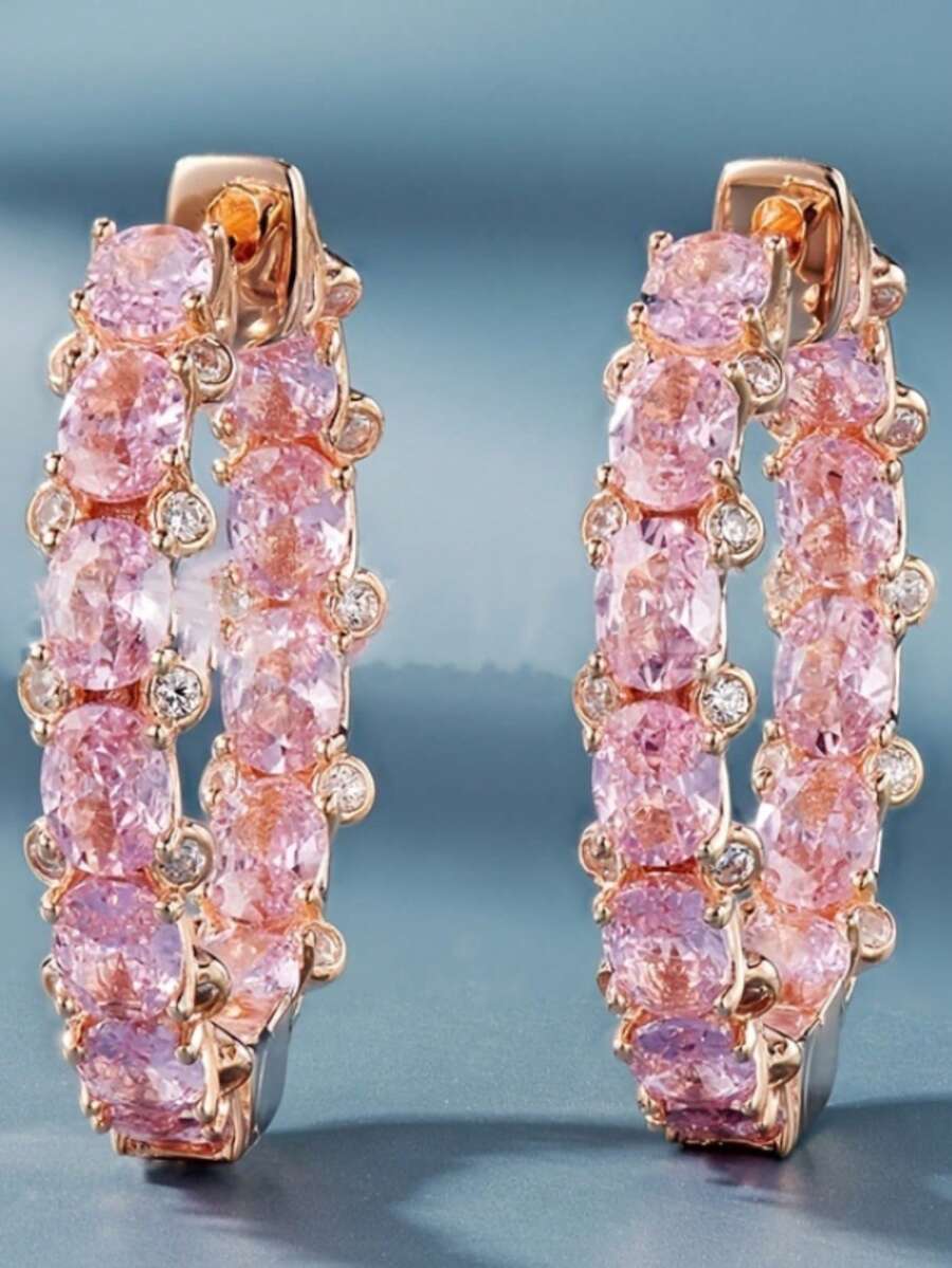 Pink Chic Earrings For Girls - Sparkling Synthesis Cubic Zirconia Accents, Ideal For Daily Wear And Gift-Giving - 金的 - 查看 1