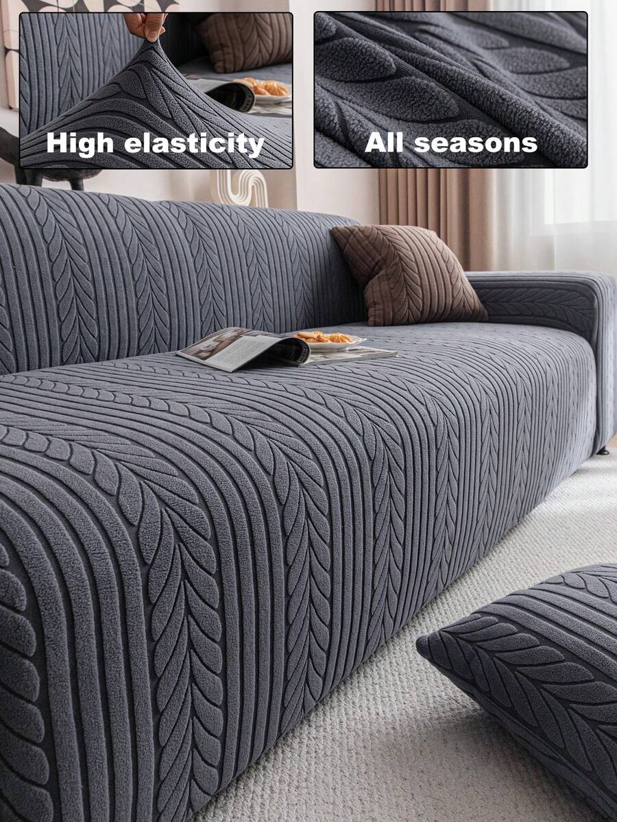 1pc Stretch Sofa Cover With Leaf Pattern - Machine Washable, Non-Slip Couch Protector For Living Room, Fits Single To Four-Seater Sofas, White Textured Fabric For All Seasons, Living Room Essentials | Minimalist Sofa Cover | Snug Fit Cover, Couch Covers For Sofa - Dark Grey - View 1