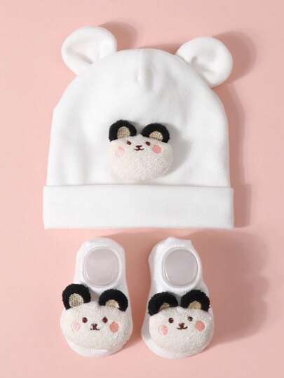 1 pièce Ensemble de casquette à oreillettes bébé et 1 paire de chaussettes antidérapantes, bonnet de bébé mignon avec motif de dessin animé + chaussettes hautes pour nouveau-nés de 0 à 1 an