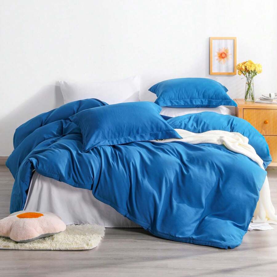 Juego de ropa de cama azul real - Microfibra sólida, con textura suave y acabado resistente a las arrugas - azul real - Ver 1