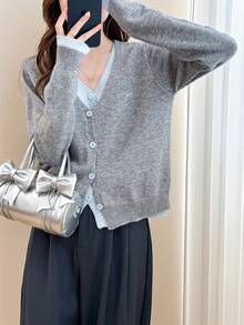 Alicedudu Women's Autumn/Winter Minimalist V-Neck 2 In 1 Sweater Cardigan - Light Grey - View 2