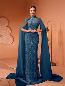 新款奢华时尚亮片蕾丝拼接雪纺喇叭袖圆领女士优雅正式晚礼服，适合派对、婚礼、宴会等场合（尺码偏大，建议顾客下单时参考尺码表），也适合情人节和春季穿着。 - 海藍色 - 查看 6