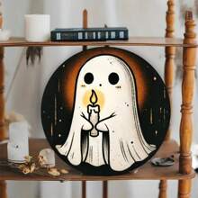 1 件 7.87x7.87 英寸鬼魂金属标志 - 可爱又怪诞的万圣节墙壁艺术，带蜡烛设计，适合鬼屋、农舍或季节性装饰，鬼屋装饰 | 异想天开的设计 | 圆形墙壁艺术，万圣节装饰，随机孔