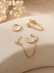 3 件套方晶锆石耳钉和链夹耳环，适合女士，适合日常佩戴和派对 - 金黃色 - 查看 2