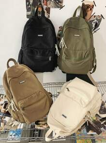1pc Solid Color Nylon Waterproof Zipper Closure Minimalist Backpack, Suitable For Boys & Girls, Spring/Summer Use