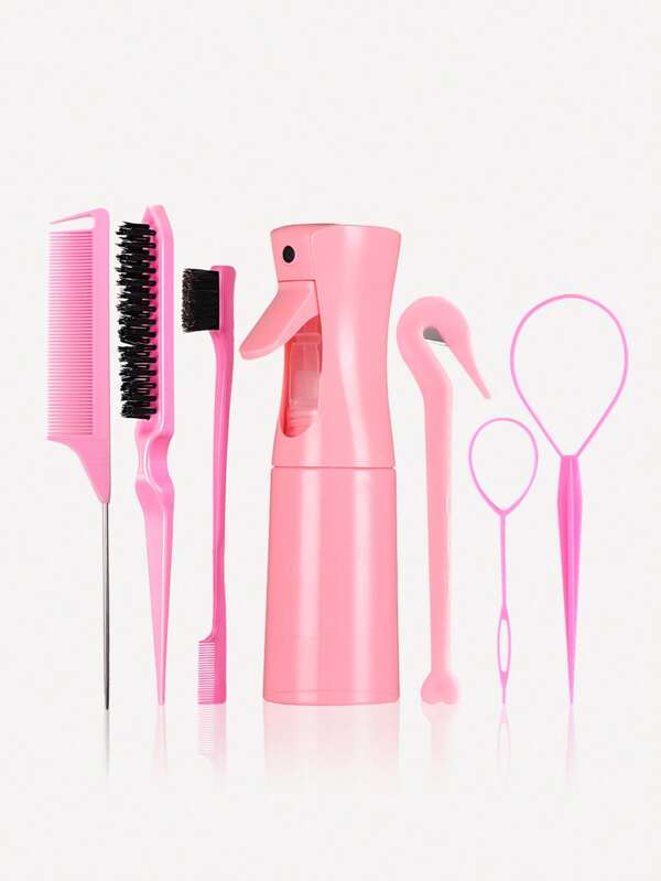 7pcs Hair Styling Comb Set,Including A Variety Of Hair Care Tools,Brush Set,Spray Bottle,Braiding Tool,Rat Tail Comb & Edge Control Brush,The 200ml Continuous Spray Bottle Can Be Used To Wet,Style Hair,And Assist In Styling,Elastic Hair Band Cutter,Won't Hurt Hair,Making The Hairstyle More Delicate,These Tool Combinations Meet The Basic Daily Hair Care Needs And Are Suitable For Styling At Home By Yourself(Pink)
