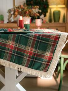 1pc Green Plaid Woven Tablecloth, Vintage American Style With Tassels, Rectangular For Dining Table, Coffee Table, TV Stand, Bedside Cabinet, Suitable For Christmas Holiday Family Gathering Party Decor, Creates Festive Atmosphere - Green - View 11