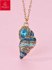 1 件女孩贝壳形锌合金渐变色喷漆彩色水钻装饰吊坠项链，适合日常休闲佩戴 - 彩色 - 查看 2