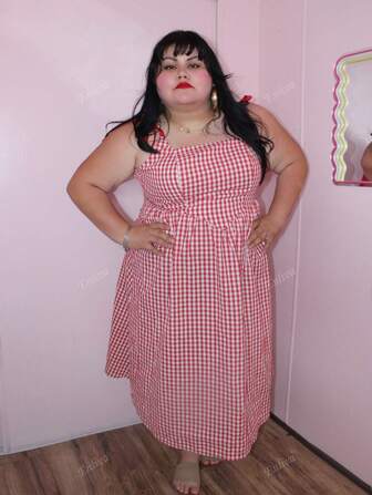 Enliva Vestido de verano con estampado de cuadros, tirantes finos y detalle de nudo en el hombro para mujer de talla grande