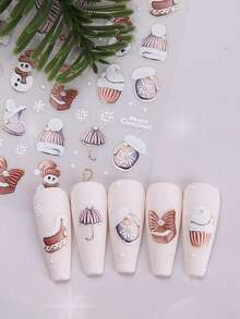 2张红色圣诞5D立体美甲贴纸，图案包括圣诞老人、雪人、雪花、球棒、帽子、围巾、靴子等节日元素，自粘式DIY美甲贴片，美甲用品，送给女性和女孩的礼物 - 彩色 - 查看 9
