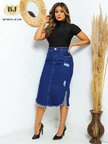 Premium Denim Skirt With Side Slit And Destroyed Detail