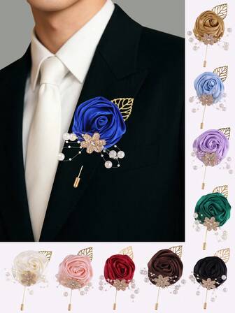 Men's Golden Leaf & Elegant Faux Pearl Satin Rose Navy Blue Lapel Flower Wedding Suit Brooch Accessory XH1107