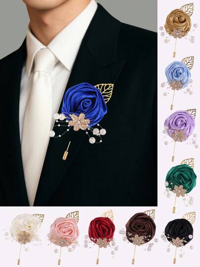 Accesorio de broche de solapa de flor de raso azul marino con hojas doradas y perlas falsas elegantes para traje de boda, accesorio del Día de San Valentín XH1107