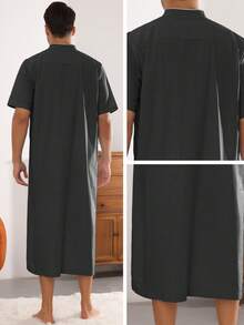 Men's Loose Fit Short Sleeve Nightgown Stand Collar Zipper Long Nightshirts - Black - View 4