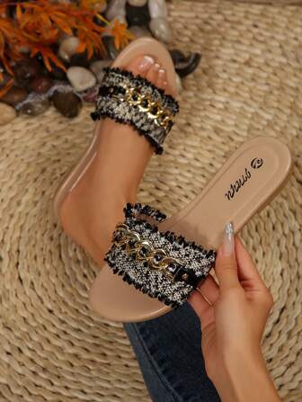 Women's Chain Decor Flat Slide Sandals, Summer Beach Vacation Style Satin Low Heel Bohemian Round Toe Plus Size