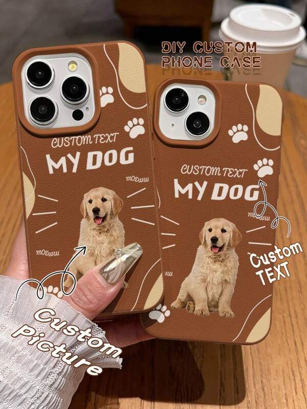 1 pieza Funda de teléfono con textura de piel personalizada con patrones, compatible con iPhone 16/16Promax/15/14/11Promax/XR/7Plus/13Pro/12Promax/11, con foto personalizada de mascota, diseño de dibujos animados de perro lindo, con estampado de pata color chocolate como cubierta protectora.