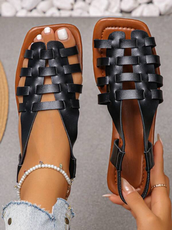 Women's Retro Woven Hollow Out Slip-On Sandals, Thick Heel, Vintage Roman Style, Versatile For Spring, Summer And Autumn
