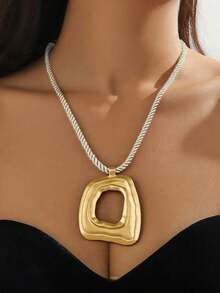 1pc Geometric Trapezoid Metal Pendant Braided Rope Necklace, Versatile Fashion Necklace For Women - Yellow Gold - View 4