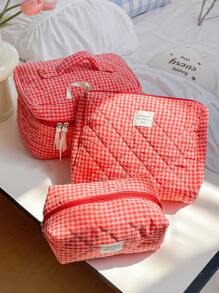 Juego de bolsas organizadoras de gran capacidad para el hogar con cremallera, bolsa de tocador portátil y con asa, bolsa de almacenamiento de cosméticos con diseño acolchado y de cuadrícula clásica en color rojo, bolsa cuadrada pequeña para almacenar toallas sanitarias, bolsa de maquillaje multifuncional para el hogar con asa, regalos para el Día de San Valentín, Navidad, Acción de Gracias, suministros para damas de honor y bodas