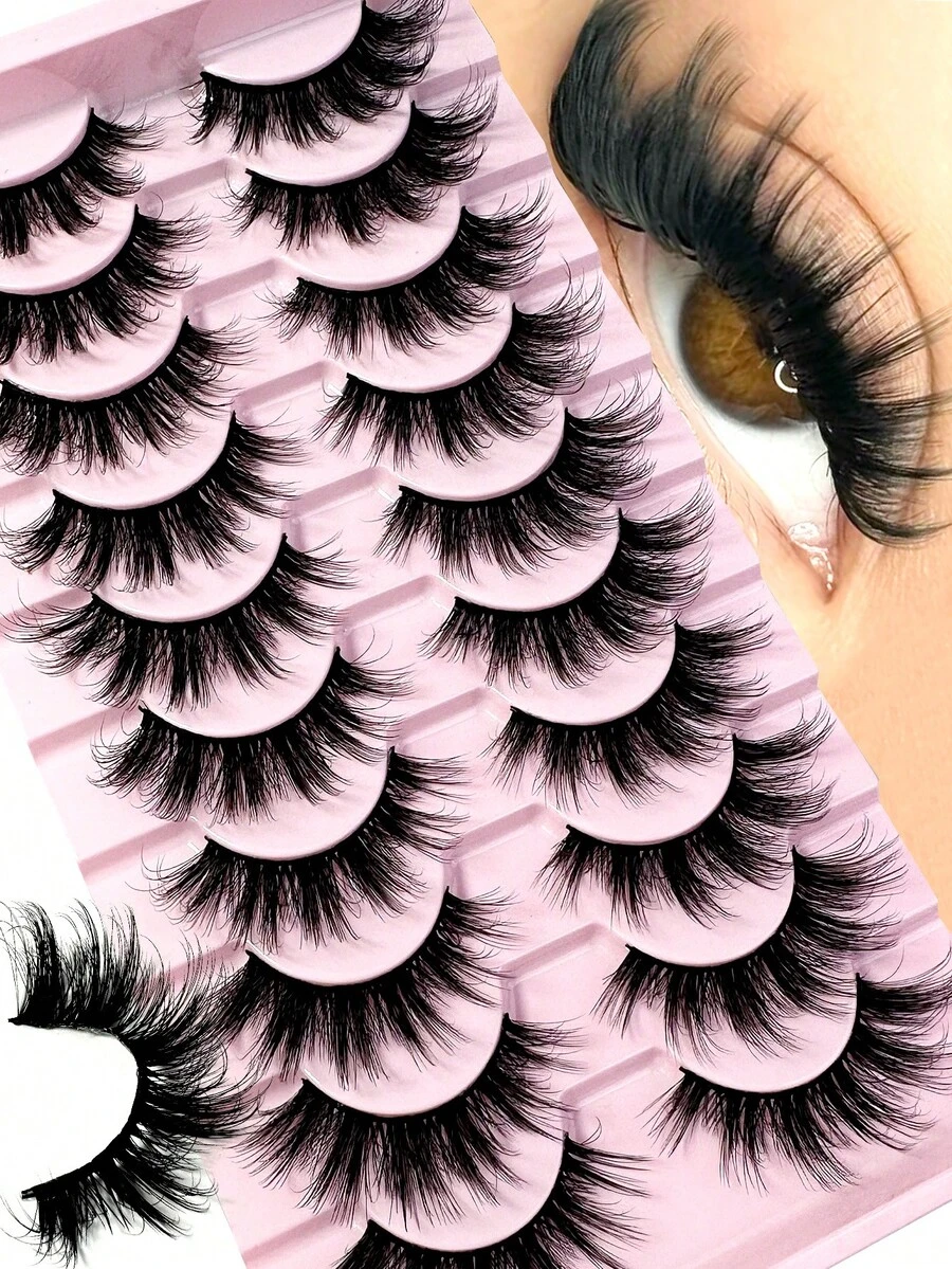 LYBCG 10Pairs Of 5D Fluffy Artificial Mink Eyelashes Slim False Eyelashes Thick False Eyelashes Curling False Eyelashes 3D Natural False Eyelashes Suitable For Holiday Parties False Eyelashes Cat Eye Lashes For Halloween Cosplay Manga Various Occasions - 黑色 - 查看 1