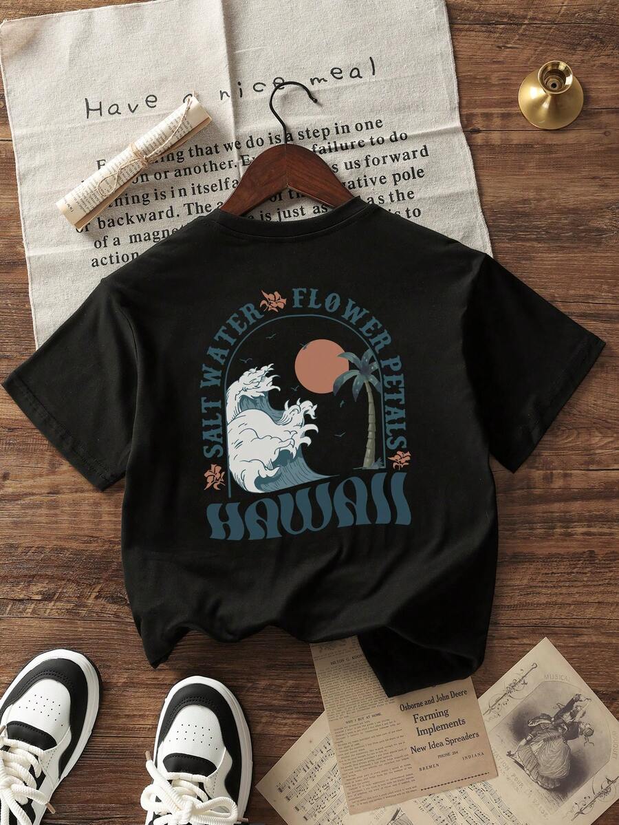 少女休閒印花黑色圓領短袖套頭T-Shirt,夏季 - 黑色 - 查看 1
