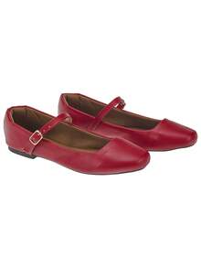 Women's Doll Shoes With Buckle Closure And Flat Heel Women's Basic Mary Janes Style Flats - Red - View 2