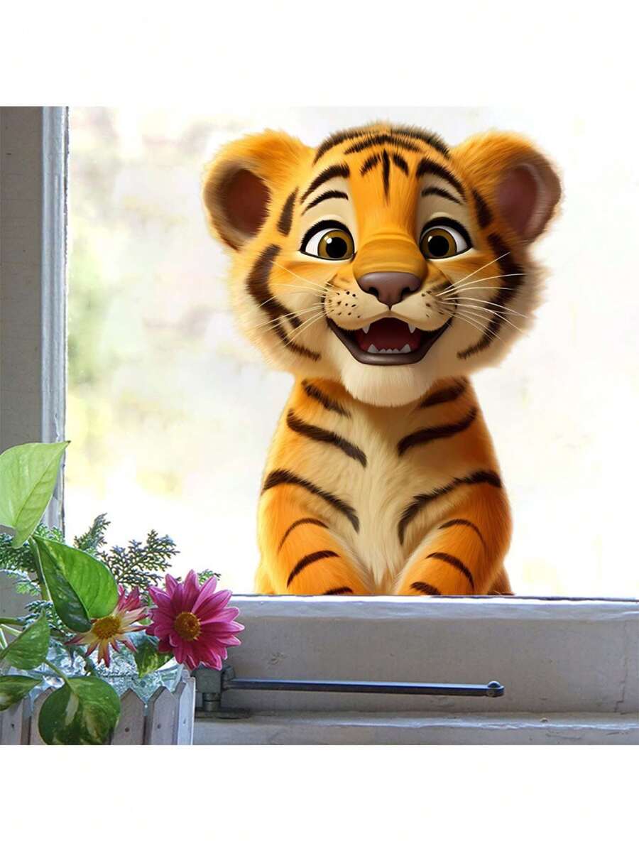 1pc Window Sticker Cute Smiling Tiger Sticker 15.7*11.8 Inch PVC Sticker Material Removable Self-Adhesive Easy-To-Tear Sticker Suitable For Window Decoration Glass Sticker Window Sticker Home Decor Wall Sticker Home Decor Make Your Life Brand New Holiday Decoration Sticker Birthday Graduation Gift