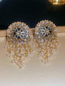 Andkiss 1 Pair High-End Geometric Round Faux Pearl Tassel Earrings - Gold-black - View 2