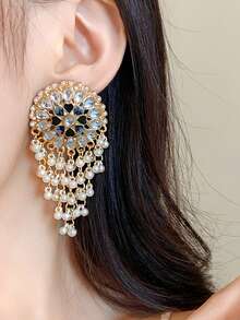 Andkiss 1 Pair High-End Geometric Round Faux Pearl Tassel Earrings - Gold-black - View 5